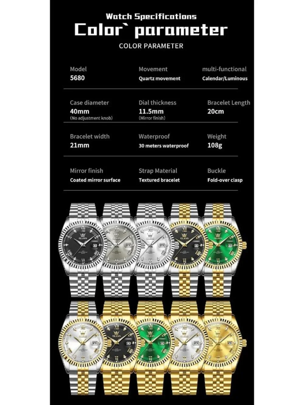 Men's Green Two Tone Diamond Classic Analog Stainless Steel Waterproof Watch